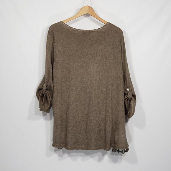 Belle France Brown Tunic Top with Roll-up Sleeves Lace Bottom Lagenlook Small - Picture 2 of 3